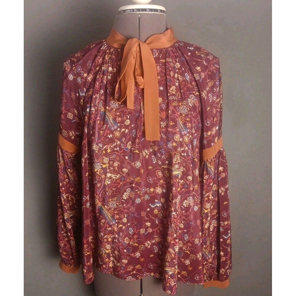 Ulla Johnson Blouse Peasant Top 100% Silk Midnight Red  Brown Size 0 - EUC $185